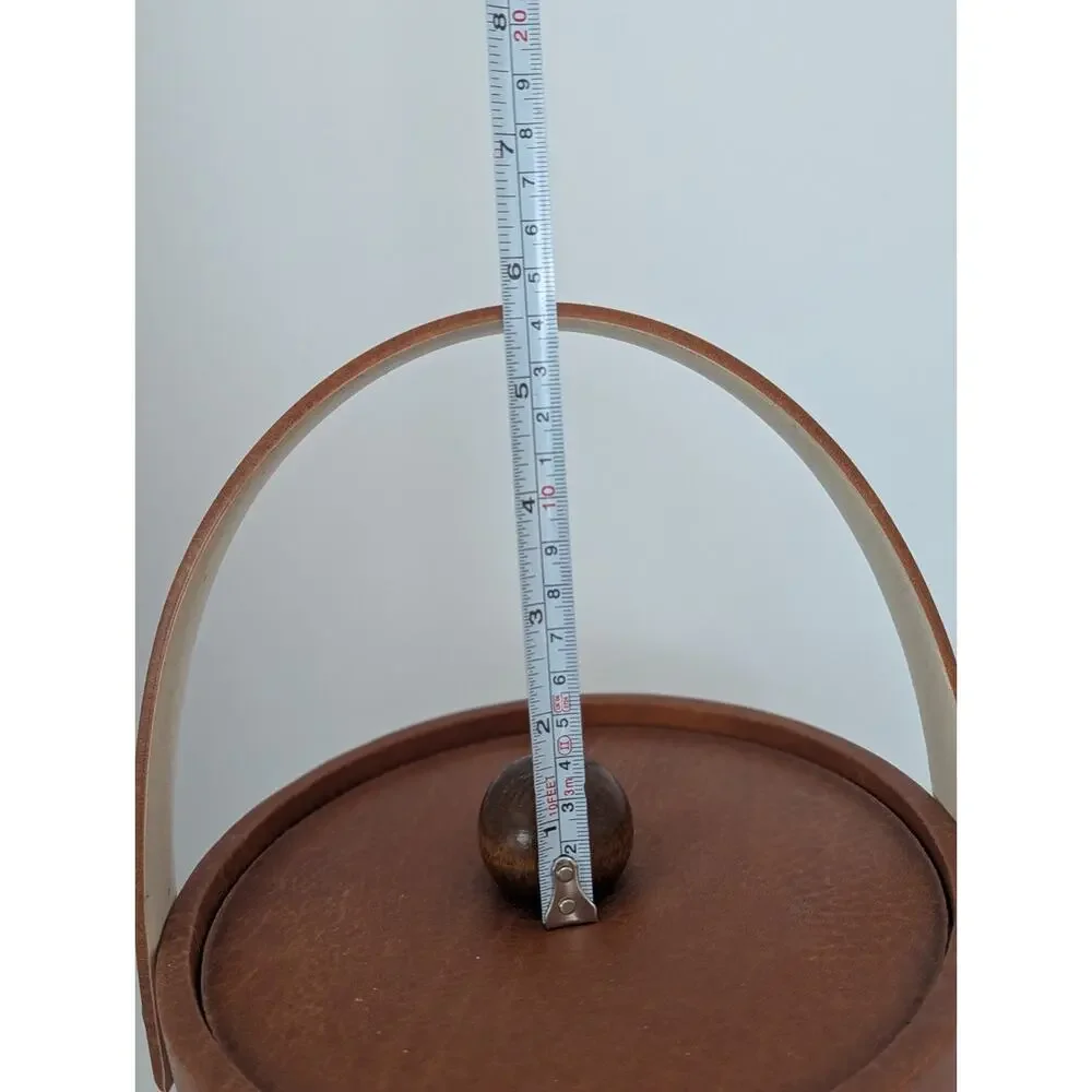 Vtg MCM Brown Faux Leather Ice Bucket Barware Wood Knob Retro 60s 70s